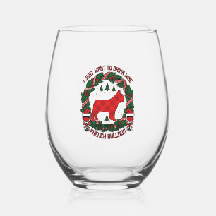 Drink Wine French Bulldog Dog Red Plaid Christmas  Stemless Wine Glass