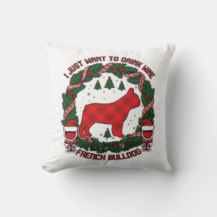 Drink Wine French Bulldog Dog Red Plaid Christmas Throw Pillow