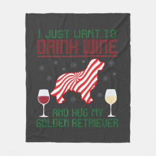 Drink Wine Hug Golden Retriever Christmas Fleece Blanket