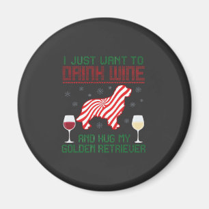 Drink Wine Hug Golden Retriever Christmas Magnet