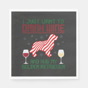 Drink Wine Hug Golden Retriever Christmas Napkin