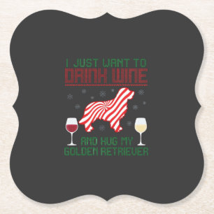 Drink Wine Hug Golden Retriever Christmas Paper Coaster