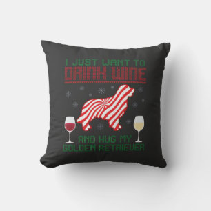 Drink Wine Hug Golden Retriever Christmas Throw Pillow