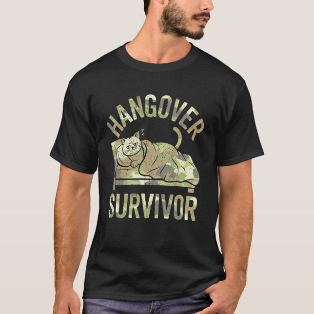 Drinking Cat Hangover Survivor Funny T-Shirt (Front)