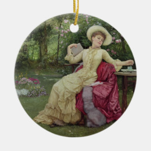 Drinking Coffee and Reading in the Garden (w/c on Ceramic Ornament