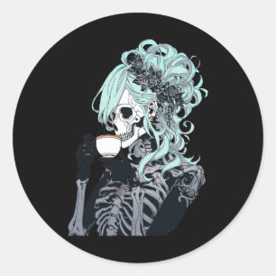 Drinking Skeleton Messy Bun Halloween Costume Girl Classic Round Sticker