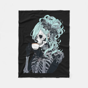Drinking Skeleton Messy Bun Halloween Costume Girl Fleece Blanket