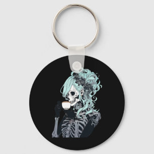 Drinking Skeleton Messy Bun Halloween Costume Girl Keychain