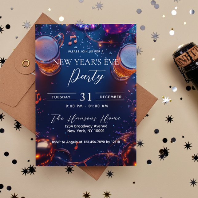 Drinks and Confetti Blue New Year's Eve Party Invitation (Creator Uploaded)