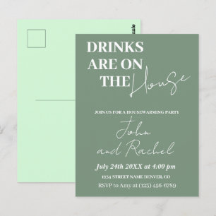 Drinks are on the house housewarming party green postcard