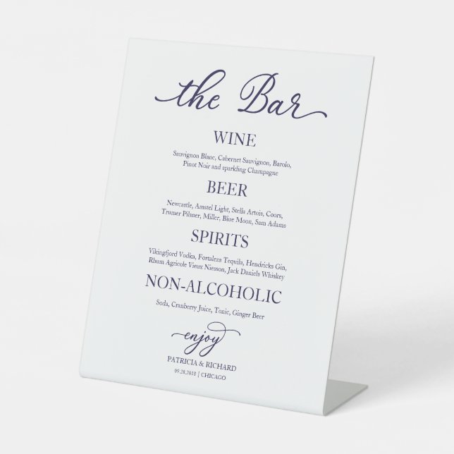 Drinks Bar Navy Blue Calligraphy Wedding Sign (Front)