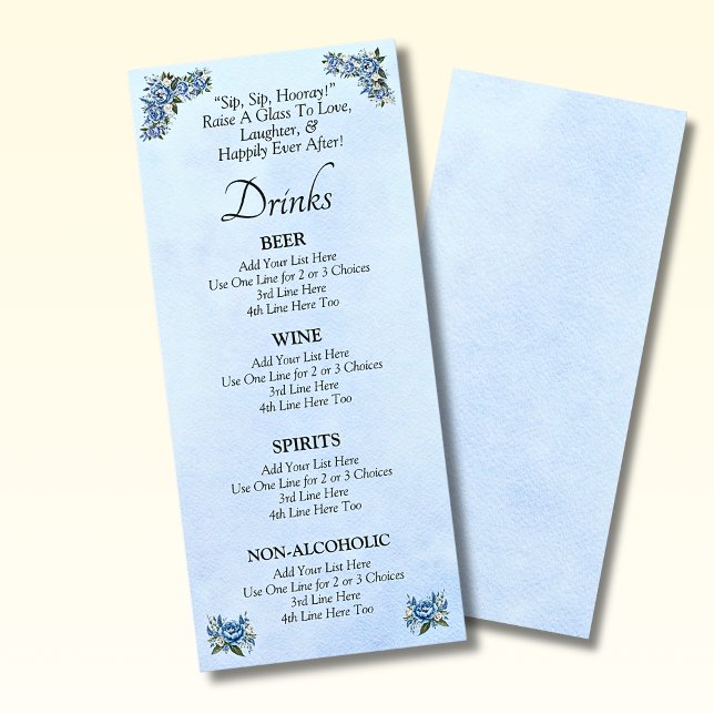 Drinks Menu Card - Blue Peony Wedding Set (Creator Uploaded)