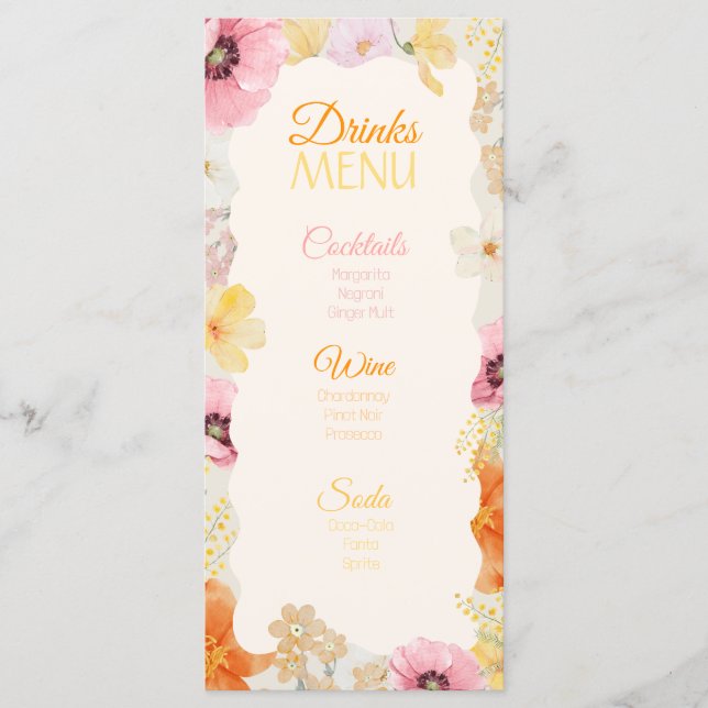 Drinks Menu Floral Pastel Orange, Pink & Yellow (Front)