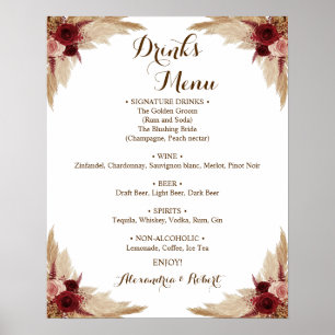 Drinks Menu Pampas Grass Bridal Wedding  Poster