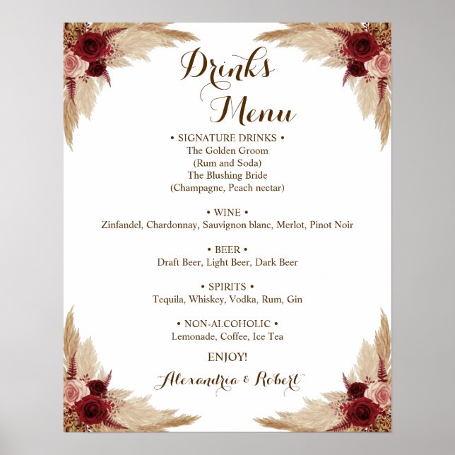 Drinks Menu Pampas Grass Bridal Wedding  Poster (Front)