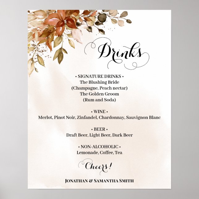 Drinks Menu sign Fall Autumn Wedding Eucalyptus (Front)