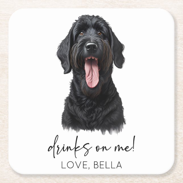 Drinks On Me! Black Russian Terrier Dog Wedding Square Paper Coaster (Front)