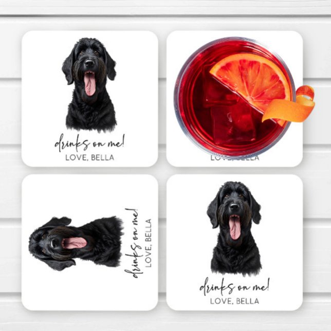 Drinks On Me! Black Russian Terrier Dog Wedding Square Paper Coaster (Creator Uploaded)