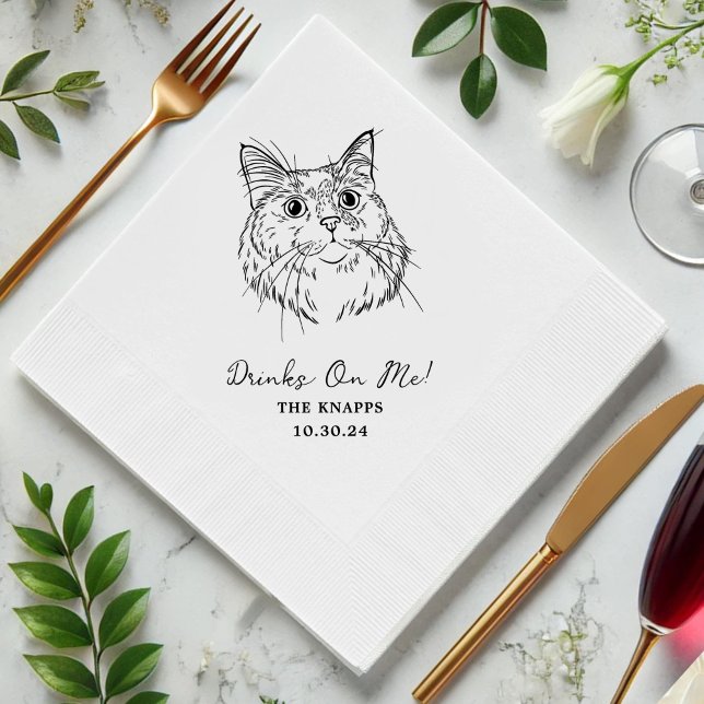 Drinks On Me Custom Cat Drawn Wedding Napkin (Creator Uploaded)