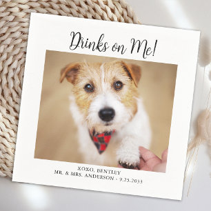 Drinks on Me Cute Template Cat Dog Photo Wedding Napkin