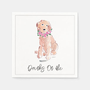 Drinks On Me Golden Doodle Dog Watercolor Flowers Napkin