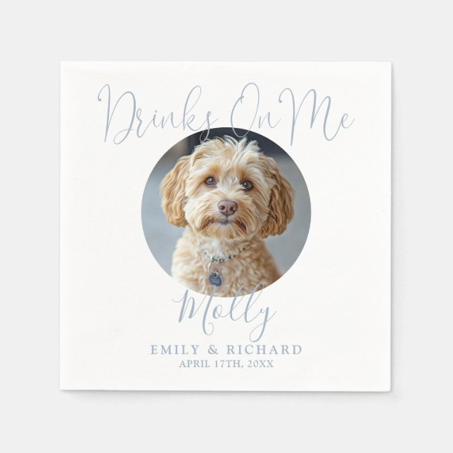 Drinks On Me Pet Photo Dusty Blue Wedding Napkin (Front)