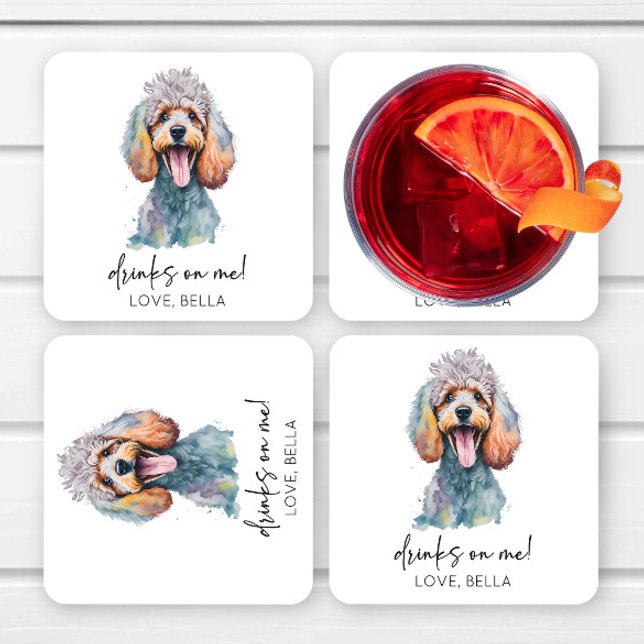 Drinks On Me! Poodle Dog Pet Wedding Square Paper Coaster (Creator Uploaded)