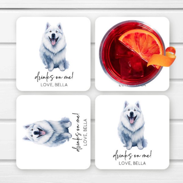 Drinks On Me! Samoyed Dog Pet Wedding Square Paper Coaster (Creator Uploaded)
