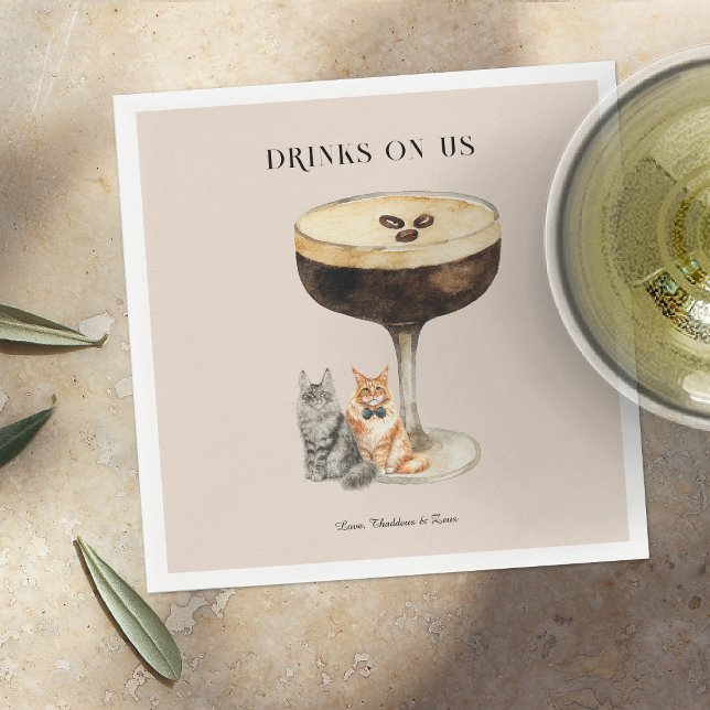 Drinks On Us | Cute Pet Cat Wedding Napkin (Creator Uploaded)