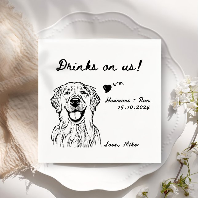 Drinks On Us Minimalist Funny Dog Simple Wedding Napkin (Creator Uploaded)