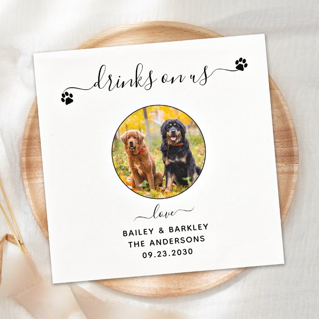 Drinks On Us Open Bar Custom Dog Photo Pet Wedding Napkin (Creator Uploaded)