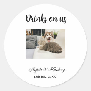 Drinks on us open bar pet photo wedding couple dat classic round sticker