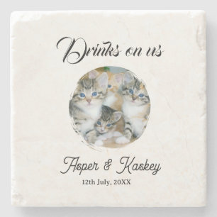 Drinks on us open bar pet photo wedding couple dat stone coaster
