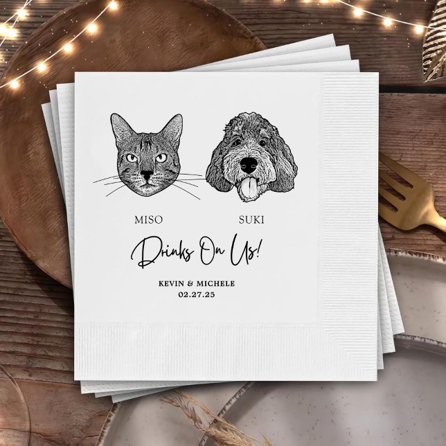 Drinks On Us Pets Custom Hand Drawing Wedding Napkin (Creator Uploaded)