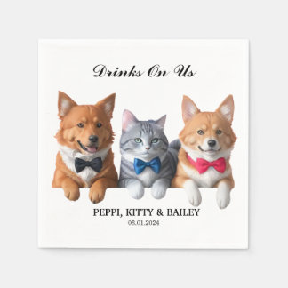 Drinks On Us Photo Fun Dog Cat Pet Wedding Napkin