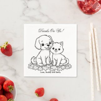Drinks On Us Simple Drawing Cute Dog & Cat Wedding Napkin