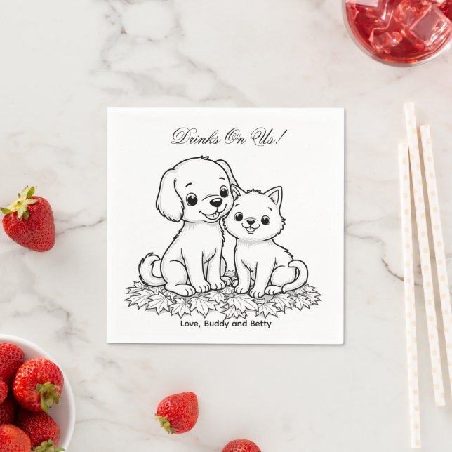 Drinks On Us Simple Drawing Cute Dog & Cat Wedding Napkin (Insitu)
