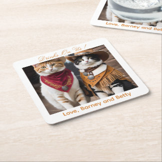 Drinks On Us Simple Photo Cute Fun Cats Square Paper Coaster