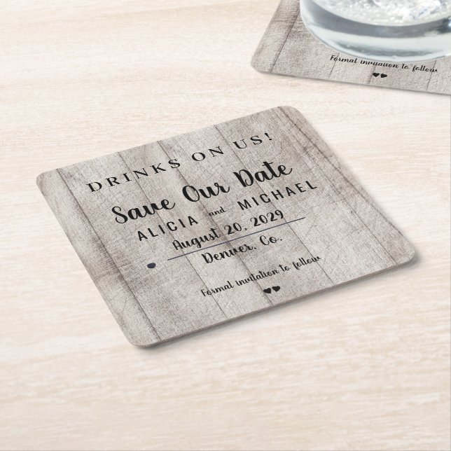 Drinks on us simple rustic wedding save the date square paper coaster (Angled)