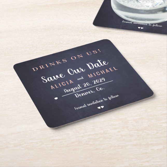 Drinks on us simple rustic wedding save the date square paper coaster (Angled)