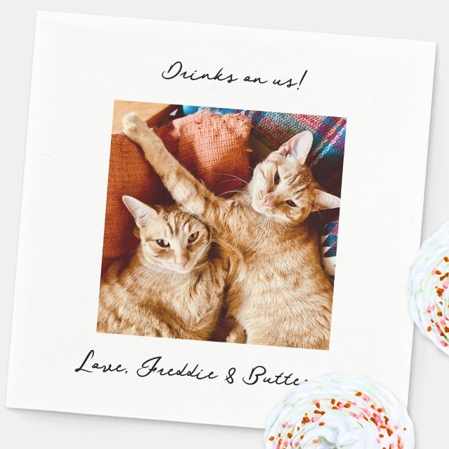 Drinks on Us Wedding Pet Photo Napkin (Drinks on Us or Me fun pet dog or cat photo personalized custom text wedding cocktail napkin)