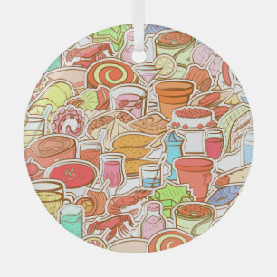 Drinks, seafood, snacks, seamless pattern glass ornament