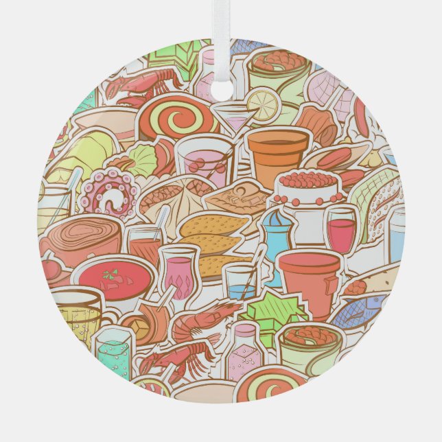 Drinks, seafood, snacks, seamless pattern glass ornament (Front)