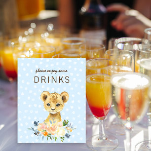 Drinks Table Baby Shower Lion Cub Floral Blue Poster