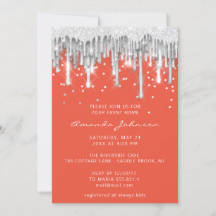 Drip Glitter Bridal Wedding Silver Grey Orange Invitation