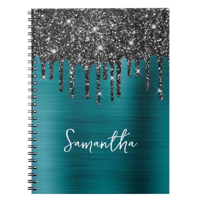 Dripping Black Glitter Blue Teal Glam Name Notebook (Front)