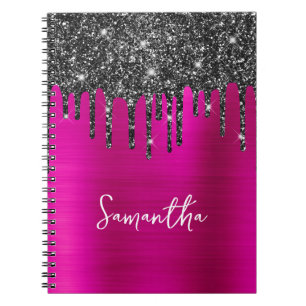 Dripping Black Glitter Magenta Glam Name Notebook