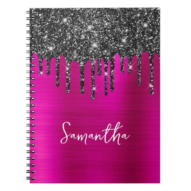 Dripping Black Glitter Magenta Glam Name Notebook (Front)