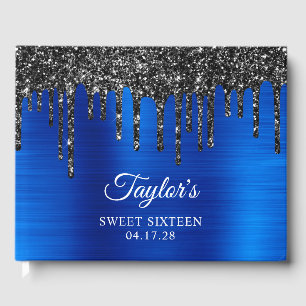 Dripping Black Glitter Royal Blue Glam Sweet 16 Guest Book