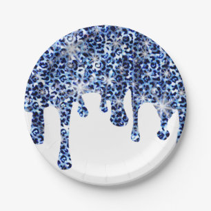 Dripping Blue Cheetah Sparkles Paper Plate